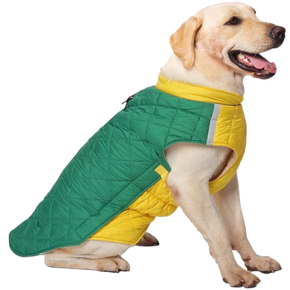 DUOMM Waterproof Quilted Dog CW Coat Harness, Green/Yellow, XL (12.13-15.43 Lbs)
